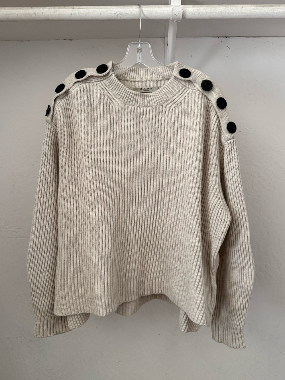 AllSaints Off-White Faye Crew Neck Jumper Ribbed Pullover Sweater
